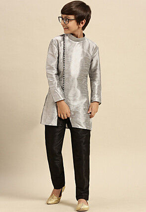 Solid Color Dupion Silk Kurta Pyjama Set in Grey