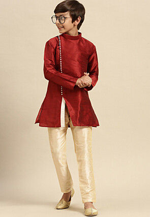 Solid Color Dupion Silk Kurta Pyjama Set in Maroon