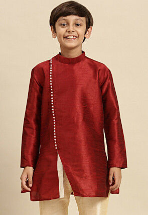 Solid Color Dupion Silk Kurta Pyjama Set in Maroon