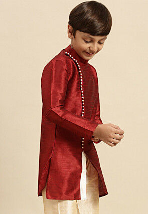 Solid Color Dupion Silk Kurta Pyjama Set in Maroon