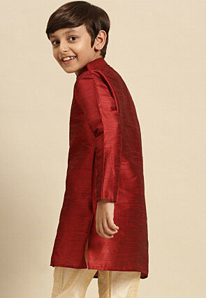 Solid Color Dupion Silk Kurta Pyjama Set in Maroon