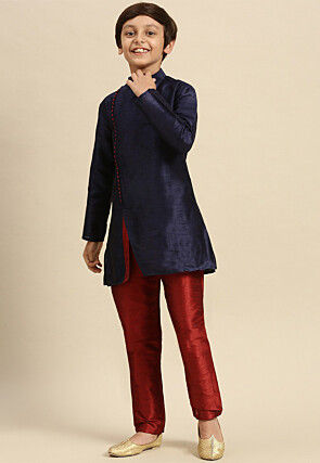 Solid Color Dupion Silk Kurta Pyjama Set in Navy Blue