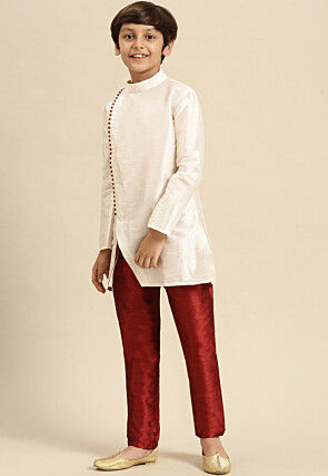 Solid Color Dupion Silk Kurta Pyjama Set in Off White