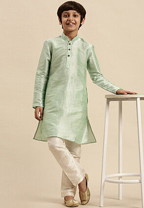 Solid Color Dupion Silk Kurta Pyjama Set in Pastel Green