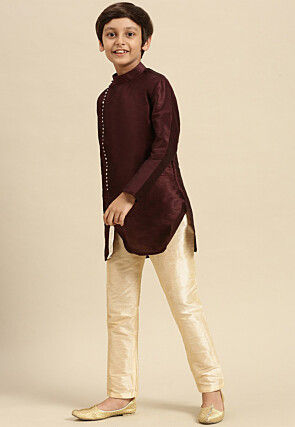 Solid Color Dupion Silk Kurta Pyjama Set in Wine