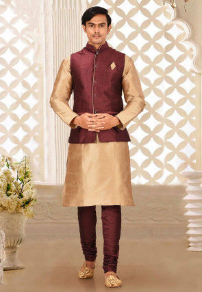 Solid Color Dupion Silk Kurta Set in Beige and Maroon