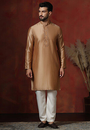 Embroidered Collar Dupion Silk Kurta Set in Beige