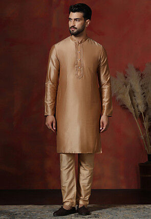 Embroidered Collar Dupion Silk Kurta Set in Beige