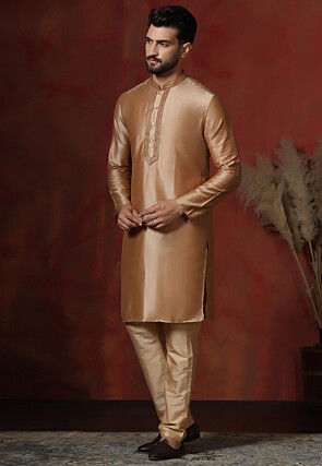 Embroidered Collar Dupion Silk Kurta Set in Beige