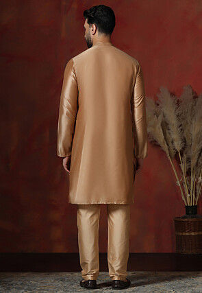 Embroidered Collar Dupion Silk Kurta Set in Beige