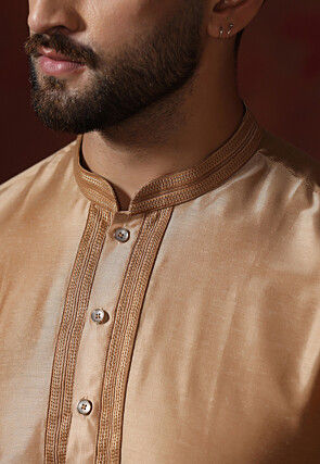 Embroidered Collar Dupion Silk Kurta Set in Beige