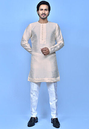 Solid Color Dupion Silk Kurta Set in Beige