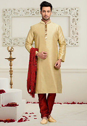 Solid Color Dupion Silk Kurta Set in Beige