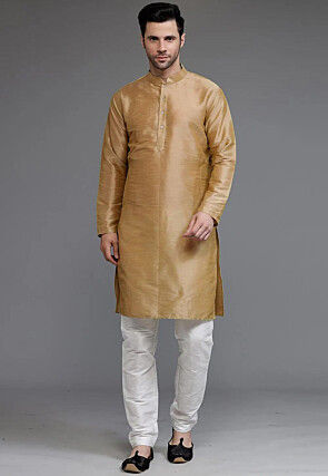Solid Color Dupion Silk Kurta Set in Beige