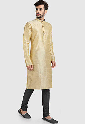 Solid Color Dupion Silk Kurta Set in Beige
