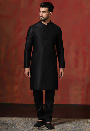 Embroidered Collar Dupion Silk Kurta Set in Black