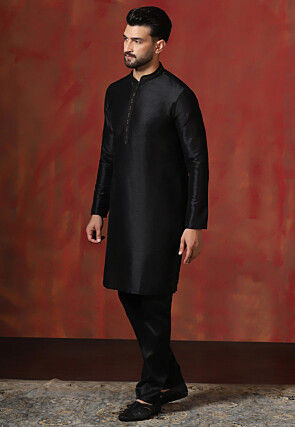 Embroidered Collar Dupion Silk Kurta Set in Black