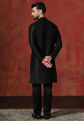 Embroidered Collar Dupion Silk Kurta Set in Black