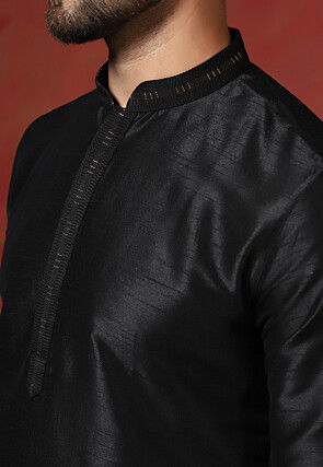 Embroidered Collar Dupion Silk Kurta Set in Black
