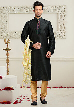 Solid Color Dupion Silk Kurta Set in Black
