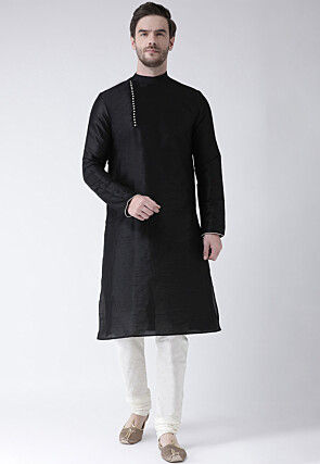 Solid Color Dupion Silk Kurta Set in Black