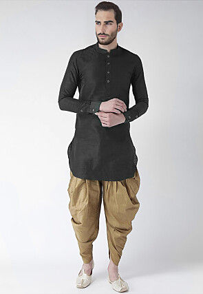 Solid Color Dupion Silk Kurta Set in Black
