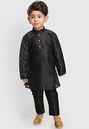 Solid Color Dupion Silk Kurta Set in Black