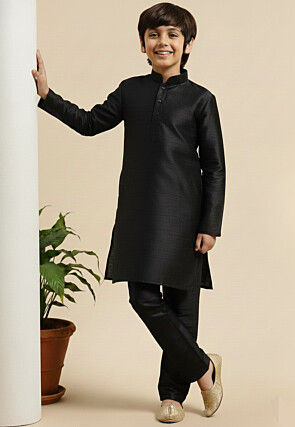 Solid Color Dupion Silk Kurta Set in Black
