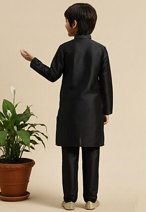 Solid Color Dupion Silk Kurta Set in Black