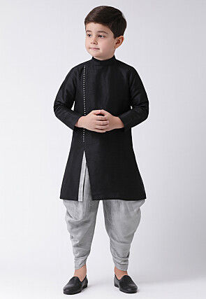 Solid Color Dupion Silk Kurta Set in Black