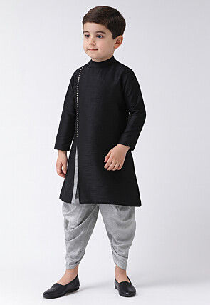 Solid Color Dupion Silk Kurta Set in Black
