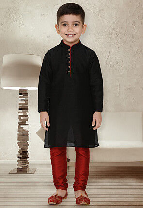 Solid Color Dupion Silk Kurta Set in Black