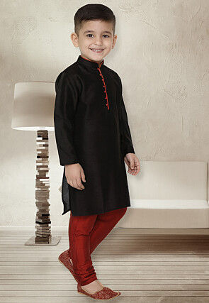 Solid Color Dupion Silk Kurta Set in Black