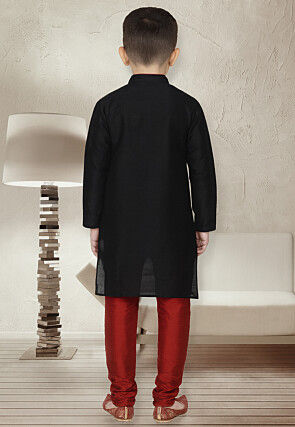 Solid Color Dupion Silk Kurta Set in Black