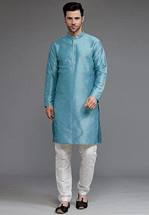 Solid Color Dupion Silk Kurta Set in Blue