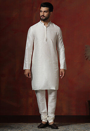 Embroidered Collar Dupion Silk Kurta Set in Cream