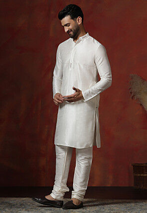 Embroidered Collar Dupion Silk Kurta Set in Cream