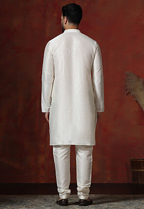 Embroidered Collar Dupion Silk Kurta Set in Cream