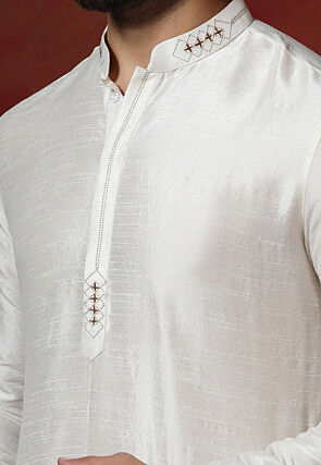 Embroidered Collar Dupion Silk Kurta Set in Cream