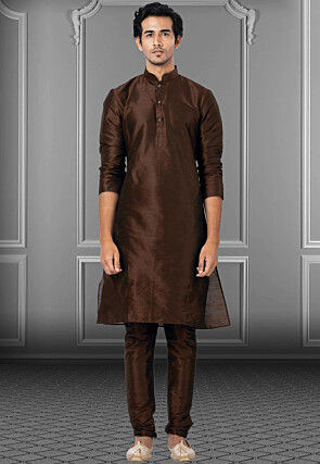 Solid Color Dupion Silk Kurta Set in Dark Brown