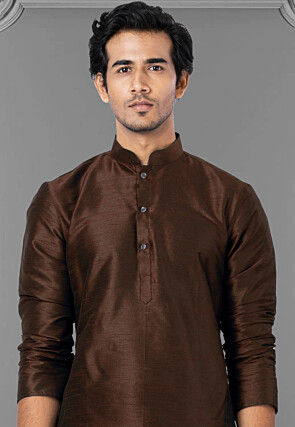 Solid Color Dupion Silk Kurta Set in Dark Brown