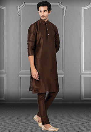 Solid Color Dupion Silk Kurta Set in Dark Brown