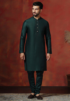 Solid Color Dupion Silk Kurta Set in Dark Green