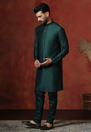 Solid Color Dupion Silk Kurta Set in Dark Green