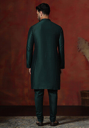 Solid Color Dupion Silk Kurta Set in Dark Green