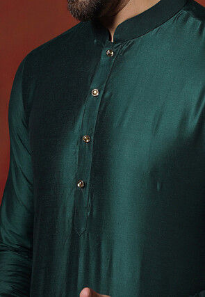 Solid Color Dupion Silk Kurta Set in Dark Green
