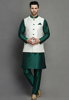 Solid Color Dupion Silk Kurta Set in Dark Green and White