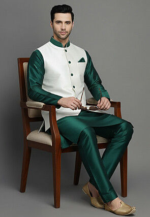 Solid Color Dupion Silk Kurta Set in Dark Green and White