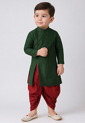 Solid Color Dupion Silk Kurta Set in Dark Green