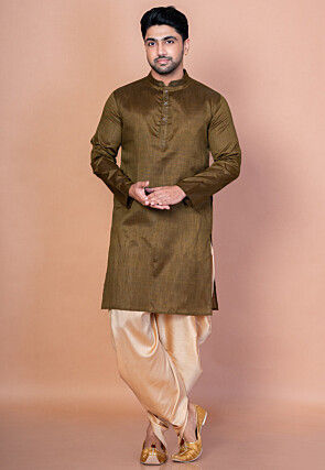 Solid Color Dupion Silk Kurta Set in Dark Olive Green
